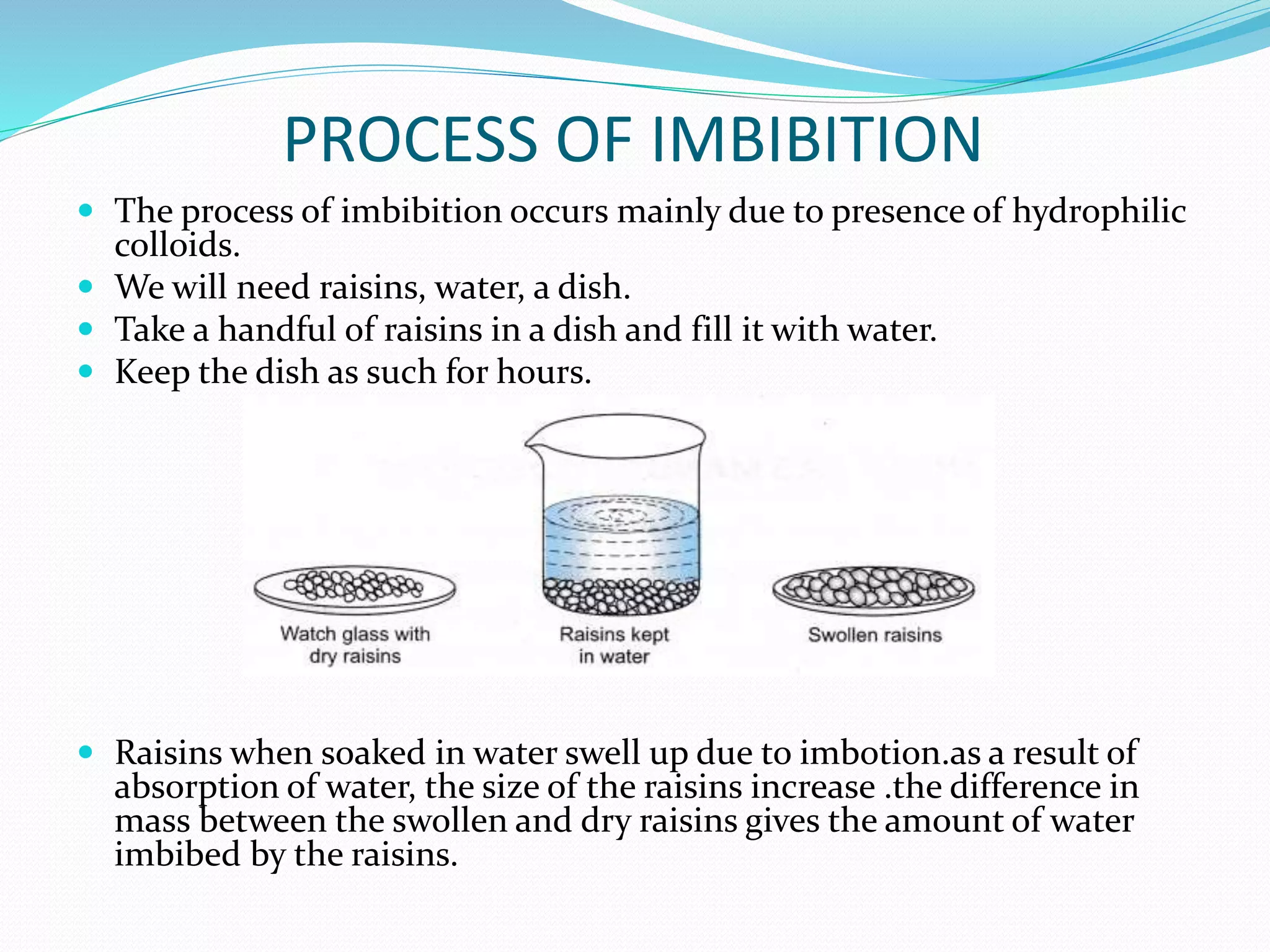PROCESS OF IMBIBITION
 The process of imbibition occurs mainly due to presence of hydrophilic
colloids.
 We will need raisins, water, a dish.
 Take a handful of raisins in a dish and fill it with water.
 Keep the dish as such for hours.
 Raisins when soaked in water swell up due to imbotion.as a result of
absorption of water, the size of the raisins increase .the difference in
mass between the swollen and dry raisins gives the amount of water
imbibed by the raisins.
 