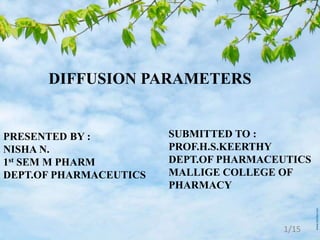 DIFFUSION PARAMETERS
PRESENTED BY :
NISHA N.
1st SEM M PHARM
DEPT.OF PHARMACEUTICS
SUBMITTED TO :
PROF.H.S.KEERTHY
DEPT.OF PHARMACEUTICS
MALLIGE COLLEGE OF
PHARMACY
1/15
 