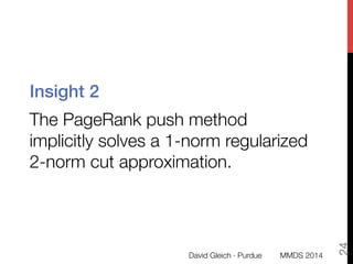Insight 2!
The PageRank push method
implicitly solves a 1-norm regularized
2-norm cut approximation. 
David Gleich · Purdue
24
MMDS 2014
 