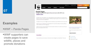 07


Examples
WWF – Panda Pages
WWF supporters can
create pages to save
wildlife, places and
promote donations
 