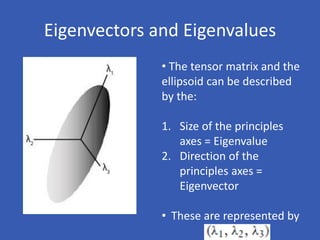 Eigenvectors and Eigenvalues
• The tensor matrix and the
ellipsoid can be described
by the:
1. Size of the principles
axes = Eigenvalue
2. Direction of the
principles axes =
Eigenvector
• These are represented by
 