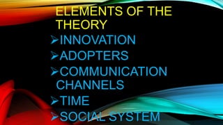 ELEMENTS OF THE
THEORY
INNOVATION
ADOPTERS
COMMUNICATION
CHANNELS
TIME
SOCIAL SYSTEM
 