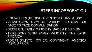 STEPS INCORPORATION
• KNOWLEDGE;DURING INVENTIONS, CAMPAIGNS.
• PERSUASION;THROUGH PUBLIC LEADERS AN
FACE TO FACE COMMUNICATION
• DECISION; EARLY MAJORITY MADE A DECISION
• TRIAL;DONE WITH EARLY MAJORITY: THE LATIN
AMERICA
• ADOPTION;INTO OTHER CONTINENT AMERICA
,ASIA ,AFRICA
 