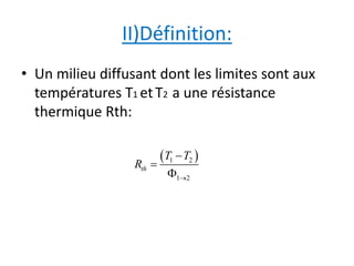 II)Définition: 
• Un milieu diffusant dont les limites sont aux 
températures T1 et T2 a une résistance 
thermique Rth: 
  
 1 2 
1 2 
th 
T T 
R 
 
 
 
 