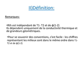 II)Définition: 
Remarques: 
•Rth est indépendant de T1- T2 et de φ(1-2) 
Ils dépendent uniquement de la conductivité thermique et 
de grandeurs géométriques. 
•Pour se souvenir des conventions, c’est facile : les chiffres 
représentant les milieux sont dans le même ordre dans T1- 
T2 et de φ(1-2) 
 