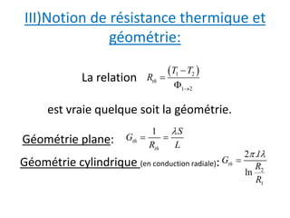 III)Notion de résistance thermique et 
géométrie: 
  
 1 2 
1 2 
th 
T T 
R 
 
 
 
La relation 
est vraie quelque soit la géométrie. 
1 
 
Géométrie plane: 
  
th 
th 
Géométrie cylindrique (en conduction radiale): 
S 
G 
R L 
2 . 
  
2 
1 
ln 
th 
l 
G 
R 
R 
 
 
