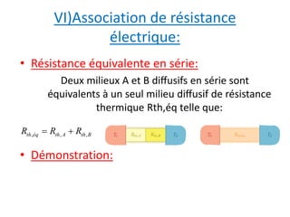 VI)Association de résistance 
électrique: 
• Résistance équivalente en série: 
Deux milieux A et B diffusifs en série sont 
équivalents à un seul milieu diffusif de résistance 
thermique Rth,éq telle que: 
th,éq th,A th,B R  R  R 
• Démonstration: 
 