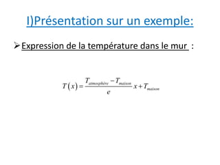 I)Présentation sur un exemple: 
Expression de la température dans le mur : 
  atmosphère maison 
maison 
T T 
T x x T 
e 
 
  
 
