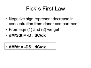 Fick`s First Law
• Negative sign represent decrease in
concentration from donor compartment
• From eqn (1) and (2) we get
• dM/Sdt = -D . dC/dx
• dM/dt = -DS . dC/dx
 
