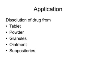 Application
Dissolution of drug from
• Tablet
• Powder
• Granules
• Ointment
• Suppositories
 