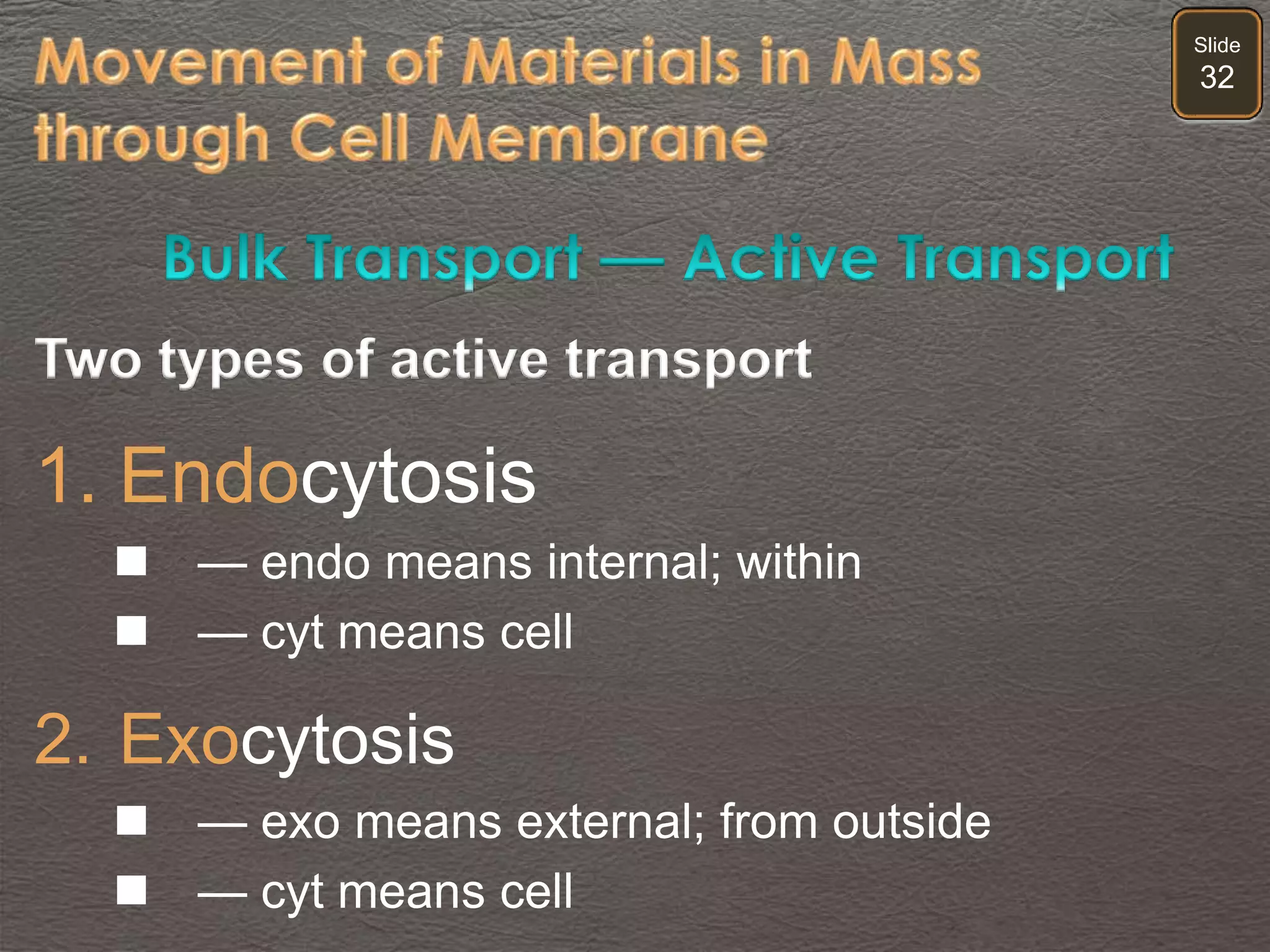 Slide
32
Two types of active transport
1. Endocytosis
 — endo means internal; within
 — cyt means cell
2. Exocytosis
 — exo means external; from outside
 — cyt means cell
 