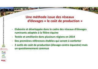 Une méthode issue des réseaux
d’élevages « le coût de production »
- Elaborée et développée dans le cadre des réseaux d’élevages
ruminants adaptée à la filière équine
- Testée et améliorée dans plusieurs régions en 2014
- Des premières références établies qui seront à conforter
- 2 outils de coût de production (élevage-centre équestre) mais
un questionnement commun
Méthode
Coût
de
Production
en
EQ-Centre
équestre
 