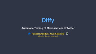 Diffy
Automatic Testing of Microservices @Twitter
Puneet Khanduri, Arun Kejariwal
(@pzdk, @arun_kejariwal)
1
 