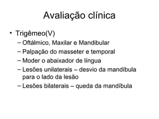Avaliação clínica 
• Trigêmeo(V) 
– Oftálmico, Maxilar e Mandibular 
– Palpação do masseter e temporal 
– Moder o abaixador de língua 
– Lesões unilaterais – desvio da mandíbula 
para o lado da lesão 
– Lesões bilaterais – queda da mandíbula 
 