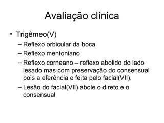 Avaliação clínica 
• Trigêmeo(V) 
– Reflexo orbicular da boca 
– Reflexo mentoniano 
– Reflexo corneano – reflexo abolido do lado 
lesado mas com preservação do consensual 
pois a eferência e feita pelo facial(VII). 
– Lesão do facial(VII) abole o direto e o 
consensual 
 