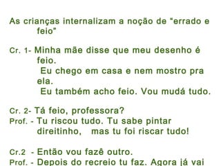 As crianças internalizam a noção de “errado e
       feio”

Cr. 1- Minha mãe disse que meu desenho é
      feio.
       Eu chego em casa e nem mostro pra
      ela.
       Eu também acho feio. Vou mudá tudo.

Cr. 2- Tá feio, professora?
Prof. - Tu riscou tudo. Tu sabe pintar
      direitinho,   mas tu foi riscar tudo!

Cr.2 - Então vou fazê outro.
Prof. - Depois do recreio tu faz. Agora já vai
 