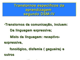 Transtornos específicos da
     Transtornos específicos da
           aprendizagem
           aprendizagem
          segundo DSM-IV
          segundo DSM-IV

•Transtornos da comunicação, incluem:
   Da linguagem expressiva;

   Misto da linguagem: receptivo-
expressiva,

   fonológico, disfemia ( gagueira) e
outros
 