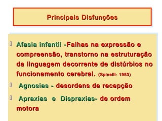 Principais Disfunções
          Principais Disfunções



 Afasia infantil --Falhas na expressão e
   Afasia infantil Falhas na expressão e
   compreensão, transtorno na estruturação
   compreensão, transtorno na estruturação
  da linguagem decorrente de distúrbios no
 da linguagem decorrente de distúrbios no
  funcionamento cerebral. (Spinelli- 1983)
 funcionamento cerebral. (Spinelli- 1983)
 Agnosias -- desordens de recepção
   Agnosias desordens de recepção

    Apraxias e Dispraxias- de ordem
 Apraxias e Dispraxias- de ordem
   motora
   motora
 