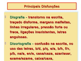 Principais Disfunções
             Principais Disfunções


   Disgrafia -- transtorno na escrita,
      Disgrafia transtorno na escrita,
      traçado disforme, margens malfeitas,
     traçado disforme, margens malfeitas,
      linhas irregulares, pressão forte ou
     linhas irregulares, pressão forte ou
      fraca, ligações inexistentes, letras
     fraca, ligações inexistentes, letras
     angulosas.
     angulosas.

   Disortografia -- confusão na escrita, no
     Disortografia confusão na escrita, no
     uso das letras, b/d, p/q, e/a, b/h, f/v,
     uso das letras, b/d, p/q, e/a, b/h, f/v,
     p/b, na/a, en/e, casa/caza, azar/asar,
     p/b, na/a, en/e, casa/caza, azar/asar,
     exame/ezame, caixa/caxa,
     exame/ezame, caixa/caxa,
 