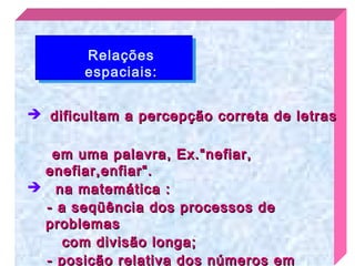 Relações
       espaciais :


 dificultam a percepção correta de letras

  em uma palavra, Ex.“nefiar,
 enefiar,enfiar“.
 na matemática :
 - a seqüência dos processos de
 problemas
    com divisão longa;
 - posição relativa dos números em
 