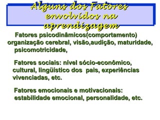 Alguns dos Fatores
       Alguns dos Fatores
          envolvidos na
          envolvidos na
         aprendizagem
         aprendizagem
  Fatores psicodinâmicos(comportamento)
organização cerebral, visão,audição, maturidade,
  psicomotricidade,

 Fatores sociais: nível sócio-econômico,
 cultural, lingüístico dos pais, experiências
 vivenciadas, etc.

  Fatores emocionais e motivacionais:
  estabilidade emocional, personalidade, etc.
 