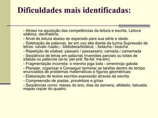 Dificuldades mais identificadas:      - Atraso na aquisição das competências da leitura e escrita. Leitura silábica, decifratória.  - Nível de leitura abaixo do esperado para sua série e idade.  - Soletração de palavras  ler em voz alta diante da turma Supressão de letras: cavalo /caalo;-. biblioteca/bioteca; - bolacha / boacha  - Repetição de sílabas: pássaro / passassaro; camada / camamada  - Seqüência de letras em palavras Inversões parciais ou totais de sílabas ou palavras (ai-ia; per-pré; fla-fal; me-em).  - Fragmentação incorreta: o menino joga bola - omeninojo gabola  - Planejar, organizar e Conseguir terminar as tarefas dentro do tempo enunciados de problemas matemáticos e figuras geométricas  - Elaboração de textos escritos expressão através da escrita  - Compreensão de piadas, provérbios e gírias  - Seqüências como: meses do ano, dias da semana, alfabeto, tabuada. mapas copiar do quadro. 