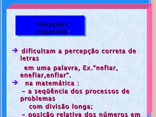 Relações
      espaciais :


 dificultam a percepção correta de
  letras
  em uma palavra, Ex.“nefiar,
 enefiar,enfiar“.
 na matemática :
 - a seqüência dos processos de
 problemas
   com divisão longa;
 - posição relativa dos números em
 