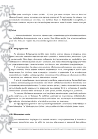 nacional para a educação infantil (BRASIL, 2001b), que deve abranger todas as áreas do
desenvolvimento que se encontram nos eixos do referencial. Em se tratando de crianças com
necessidades educacionais especiais, esse currículo deve ser flexibilizado ou adaptado, de
modo que possa dar respostas educacionais para atender as especificidades dessas crianças.



C.1 Leitura

     O desenvolvimento da habilidade de leitura está diretamente ligado ao desenvolvimento
das habilidades de comunicação oral e escrita. Esta última evolui dos primeiros rabiscos
para uma forma de registro do pensamento organizado e intencional.



C.1.1 Linguagem oral

       As atividades de linguagem oral têm como objetivo levar as crianças a interpretar o que
ouvem, responder de maneira lógica ao que lhes é perguntado, e desenvolver o pensamento lógico
e sua expressão. Além disso, a linguagem oral permite às crianças ampliar seu vocabulário e seus
conhecimentos sobre os diversos assuntos abordados, bem como estimular sua participação verbal
no grupo e desenvolver a capacidade crítica, contribuindo para o bom êxito da aprendizagem.
       O primeiro contato da criança com um texto é feito em geral oralmente pela voz da mãe
e do pai contando contos de fada, histórias inventadas ou reais, tendo gente ou bichos como
personagens. Ler histórias para as crianças, é suscitar o imaginário, é ter a curiosidade
respondida em relação a tantas perguntas, e encontrar outras idéias para solucionar questões.
É estimular para desenhar, musicar, teatralizar e brincar.
       A arte de contar histórias é importante na formação de qualquer criança. Escutar histórias é
o início da aprendizagem para ser um leitor e ser leitor é ter todo um caminho de descobertas e de
compreensão de um mundo ilimitado. É ouvindo histórias que se pode sentir emoções como: tristeza,
raiva, irritação, medo, alegria, pavor, impotência, insegurança. Ouvir e ler histórias é também
desenvolver o potencial crítico da criança. É poder pensar, duvidar, se perguntar, questionar.
       Os contos e fábulas nos remetem a uma história de transformações quando são acolhidas
pela compreensão do ser humano. As histórias acarretam um conhecimento sedimentado e
acumulado por toda a humanidade. Os contos contribuem para a construção do mundo infantil,
por meio das referências mágicas e fantásticas contidas em sua trama.
       Eis aqui algumas sugestões de fábulas para crianças de quatro a seis anos de idade: O Lobo e os
Sete Cabritinhos, Os Três Porquinhos, Os Três Ursinhos, O Patinho Feio, A Galinha Ruiva e outros.



C.1.2 Linguagem escrita

     Juntamente com a linguagem oral deve-se trabalhar a linguagem escrita. A experiência
da criança como leitor antes de sê-lo faz com que ela aprenda o essencial das práticas


 36           DIFICULDADES ACENTUADAS DEAPRENDIZAGEM OU LIMITAÇÕES NO PROCESSO DE DESENVOLVIMENTO
 