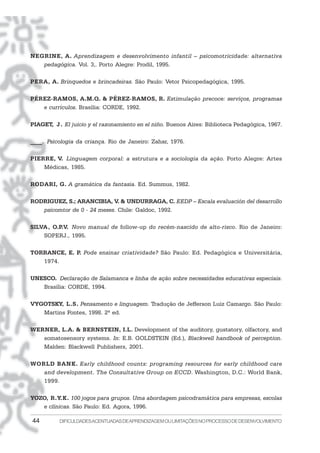 NEGRINE, A. Aprendizagem e desenvolvimento infantil – psicomotricidade: alternativa
   pedagógica. Vol. 3,. Porto Alegre: Prodil, 1995.

PERA, A. Brinquedos e brincadeiras. São Paulo: Vetor Psicopedagógica, 1995.

PÉREZ-RAMOS, A.M.Q. & PÉREZ-RAMOS, R. Estimulação precoce: serviços, programas
   e currículos. Brasília: CORDE, 1992.

PIAGET, J . El juicio y el razonamiento en el niño. Buenos Aires: Biblioteca Pedagógica, 1967.

____. Psicologia da criança. Rio de Janeiro: Zahar, 1976.

PIERRE, V. Linguagem corporal: a estrutura e a sociologia da ação. Porto Alegre: Artes
    Médicas, 1985.

RODARI, G. A gramática da fantasia. Ed. Summus, 1982.

RODRIGUEZ, S.; ARANCIBIA, V. & UNDURRAGA, C. EEDP – Escala evaluación del desarrollo
   psicomtor de 0 - 24 meses. Chile: Galdoc, 1992.

SILVA , O.P.V. Novo manual de follow-up do recém-nascido de alto-risco. Rio de Janeiro:
    SOPERJ., 1995.

TORRANCE, E. P. Pode ensinar criatividade? São Paulo: Ed. Pedagógica e Universitária,
   1974.

UNESCO. Declaração de Salamanca e linha de ação sobre necessidades educativas especiais.
   Brasília: CORDE, 1994.

VYGOTSKY, L.S. Pensamento e linguagem. Tradução de Jefferson Luiz Camargo. São Paulo:
   Martins Fontes, 1998. 2ª ed.

WERNER, L.A. & BERNSTEIN, I.L. Development of the auditory, gustatory, olfactory, and
   somatosensory systems. In: E.B. GOLDSTEIN (Ed.), Blackwell handbook of perception.
   Malden: Blackwell Publishers, 2001.

WORLD BANK. Early childhood counts: programing resources for early childhood care
   and development. The Consultative Group on ECCD. Washington, D.C.: World Bank,
   1999.

YOZO, R.Y.K. 100 jogos para grupos. Uma abordagem psicodramática para empresas, escolas
   e clínicas. São Paulo: Ed. Agora, 1996.

44        DIFICULDADES ACENTUADAS DEAPRENDIZAGEM OU LIMITAÇÕES NO PROCESSO DE DESENVOLVIMENTO
 