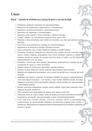 V. Anexo
Anexo2 - Sugestões de atividades para crianças de quatro a seis anos de idade
     •   Dinâmicas utilizando exercícios de psicomotricidade.
     •   Exercícios de relaxamento, aquecimento e concentração.
     •   Exercícios de desconcentração e autoconhecimento.
     •   Exercícios de respiração e automassagem.
     •   Exercícios para regular o tônus muscular e diminuir tensões.
     •   Criação “rápida” de uma história contendo início, meio e fim.
     •   Trabalhar outras atividades com livrinho de histórias, que não seja somente contar
         histórias.
     •   Criar letras para melodias de cantigas de roda já existentes.
     •   Representar as músicas já criadas utilizando sucatas.
     •   Criar movimentos com o corpo utilizando também a música infantil.
     •   Cantando, relembrar categorias de músicas como: canção de roda, carnaval, festa
         junina, canção religiosa, propaganda, hino cívico, acalanto, música ou canção de
         sucesso, música ou canção de sucesso que toca muito no rádio e na TV. Cantá-las
         individualmente e/ou em grupo.
     •   Desenhar a música que está ouvindo. Representar graficamente no quadro de giz o
         movimento do corpo e o ritmo da música.
     •   Parodiar letras de músicas já conhecidas: cantigas infantis.
     •   Inventar música diferente, usando palavras determinadas pelo instrutor.
     •   Modelar (no imaginário) movimentos com o corpo de acordo com a música que está
         tocando.
     •   Trabalhar com argila e massinha de modelar. Trabalho em grupo e individualmente,
         criar duas figuras humanas – um homem e uma mulher. Modelar partes do corpo:
         feminino e masculino. Criar uma história, diálogo ou dramatização etc. (para trabalhar
         a sexualidade infantil)
     •   Brincar com bolas imaginárias ouvindo música infantil. Jogar vôlei, basquete, tênis,
         bolinhas de gude, futebol etc.
     •   Criar maneiras bem engraçadas de dançar sem deixar a bola cair.
     •   Utilizando bolas de isopor, balões, bolas de papel-jornal criar atividades envolvendo
         matemática, português, psicomotricidade e artes (interdisciplinaridade).
     •   Criar uma nova história infantil, com novo enfoque, tendo os personagens
         características de personalidade diferentes da historinha original. Criar cenário e
         vestimenta. Três histórias de clássicos infantis selecionadas e/ou a escolher. Apresentá-
         las para o grupo.




DIFICULDADES ACENTUADAS DEAPRENDIZAGEM OU LIMITAÇÕES NO PROCESSO DE DESENVOLVIMENTO            45
 