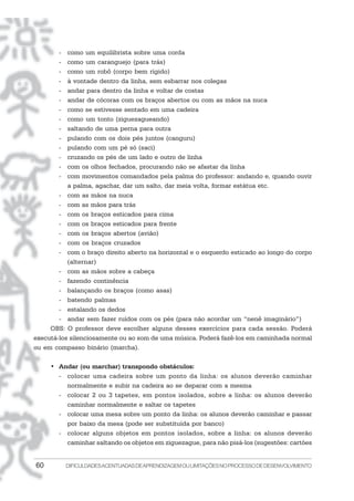 -  como um equilibrista sobre uma corda
        -  como um caranguejo (para trás)
        -  como um robô (corpo bem rígido)
        -  à vontade dentro da linha, sem esbarrar nos colegas
        -  andar para dentro da linha e voltar de costas
        -  andar de cócoras com os braços abertos ou com as mãos na nuca
        -  como se estivesse sentado em uma cadeira
        -  como um tonto (ziguezagueando)
        -  saltando de uma perna para outra
        -  pulando com os dois pés juntos (canguru)
        -  pulando com um pé só (saci)
        -  cruzando os pés de um lado e outro de linha
        -  com os olhos fechados, procurando não se afastar da linha
        -  com movimentos comandados pela palma do professor: andando e, quando ouvir
           a palma, agachar, dar um salto, dar meia volta, formar estátua etc.
        - com as mãos na nuca
        - com as mãos para trás
        - com os braços esticados para cima
        - com os braços esticados para frente
        - com os braços abertos (avião)
        - com os braços cruzados
        - com o braço direito aberto na horizontal e o esquerdo esticado ao longo do corpo
           (alternar)
        - com as mãos sobre a cabeça
        - fazendo continência
        - balançando os braços (como asas)
        - batendo palmas
        - estalando os dedos
        - andar sem fazer ruídos com os pés (para não acordar um “nenê imaginário”)
     OBS: O professor deve escolher alguns desses exercícios para cada sessão. Poderá
executá-los silenciosamente ou ao som de uma música. Poderá fazê-los em caminhada normal
ou em compasso binário (marcha).

     • Andar (ou marchar) transpondo obstáculos:
       - colocar uma cadeira sobre um ponto da linha: os alunos deverão caminhar
         normalmente e subir na cadeira ao se deparar com a mesma
       - colocar 2 ou 3 tapetes, em pontos isolados, sobre a linha: os alunos deverão
         caminhar normalmente e saltar os tapetes
       - colocar uma mesa sobre um ponto da linha: os alunos deverão caminhar e passar
         por baixo da mesa (pode ser substituída por banco)
       - colocar alguns objetos em pontos isolados, sobre a linha: os alunos deverão
         caminhar saltando os objetos em ziguezague, para não pisá-los (sugestões: cartões


60          DIFICULDADES ACENTUADAS DEAPRENDIZAGEM OU LIMITAÇÕES NO PROCESSO DE DESENVOLVIMENTO
 