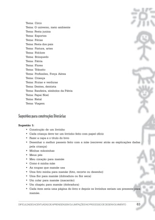 Tema: Circo
     Tema: O universo, meio ambiente
     Tema: Festa junina
     Tema: Esportes
     Tema: Férias
     Tema: Festa dos pais
     Tema: Pintura, artes
     Tema: Folclore
     Tema: Brinquedo
     Tema: Pátria
     Tema: Flores
     Tema: Trânsito
     Tema: Profissões, Força Aérea
     Tema: Criança
     Tema: Frutas e verduras
     Tema: Dentes, dentista
     Tema: Bandeira, símbolos da Pátria
     Tema: Papai Noel
     Tema: Natal
     Tema: Viagem



Sugestões para construções literárias
Sugestão 1:
     • Construção de um livrinho
     • Cada criança deve ter um livrinho feito com papel ofício
     • Fazer a capa e o título do livro
     • Desenhar o melhor passeio feito com a mãe (escrever atrás as explicações dadas
       pela criança)
     • Minhas mãozinhas
     • Meus pés
     • Meu coração para mamãe
     • Como é minha mãe
     • As roupas que mamãe usa
     • Uma foto minha para mamãe (foto, recorte ou desenho)
     • Uma flor para mamãe (dobradura ou flor seca)
     • Um colar para mamãe (macarrão)
     • Um chapéu para mamãe (dobradura)
     • Cada item seria uma página do livro e depois os livrinhos seriam um presente para
       mamãe.


DIFICULDADES ACENTUADAS DEAPRENDIZAGEM OU LIMITAÇÕES NO PROCESSO DE DESENVOLVIMENTO   63
 