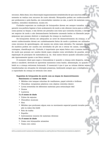 DIFICULDADESACENTUADASDEAPRENDIZAGEMOULIMITAÇÕESNOPROCESSODEDESENVOLVIMENTO 21
recursos. Além disso, há a dissociação enganosamente estabelecida de que uma boa educação
somente se realiza com recursos de custo elevado. Brinquedos podem ser confeccionados
por professores e pela família, em comunidades carentes ou não, a partir de materiais como
madeira, utensílios domésticos, sucata etc.
Cuidados especiais na confecção de brinquedos devem ser sempre tomados, como
garantir sua perfeita higiene e bom acabamento de modo a não oferecer riscos para a criança
como pontas ou farpas, e não devem ser pintados com tinta que contenha chumbo, e devem
ser seguros de modo a não desmancharem facilmente causando lesões ou liberando peças
pequenas que possam obstruir a respiração da criança ou machucá-la.
Os brinquedos devem ser adequados ao nível de desenvolvimento da criança, e ao
serem confeccionados devem ser cuidadosamente feitos de modo a poderem ser utilizados
como recursos de aprendizagem, até mesmo em níveis mais elevados. Por exemplo, blocos
de madeira podem ser usados em atividades de pôr em e retirar de caixas, construção,
contagem, classificação etc. Contudo, é importante que sejam feitos com a mesma medida,
de modo que possam ser usados desde jogos simples como atividades de guardar, até a
exploração de princípios de matemática (p. ex.: dois meios blocos quando colocados juntos
são rigorosamente iguais a um bloco inteiro).
O momento ideal para jogos e brincadeiras é quando a criança está desperta, calma,
alerta e saudável, devendo-se aproveitar momentos como banho, alimentação, ou quando o
bebê ou a criança estiverem brincando. O essencial é que é que as rotinas diárias sejam
transformadas em situações de interação prazerosa, lembrando sempre que a inteligência e
a capacidade da criança se estimula com amor.
Sugestões de brinquedos de acordo com as etapas de desenvolvimento:
Nascimento a 3 meses de idade
• Móbiles com tampas coloridas de vasilhames, papel colorido e brilhoso
• Chocalhos: recipientes plásticos com objetos coloridos dentro
• Luvas revestidas de diferentes materiais para estimulação tátil
• Guizos
• Lanterna
3 a 6 meses de idade
• Cubos de espuma
• Chocalhos musicais
• Sino
• Móbiles que produzam algum som ou movimento especial quando tocados pelos
pés ou mãos dos bebê
• Rolo de toalha
• Espelho
• Instrumentos sonoros de materiais diversos
6 a 9 meses de idade
• Caixa com brinquedos atraentes
• Caixa com cubos
 