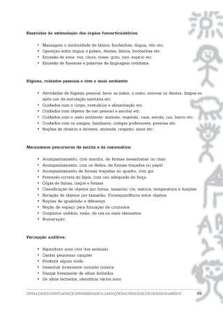 DIFICULDADESACENTUADASDEAPRENDIZAGEMOULIMITAÇÕESNOPROCESSODEDESENVOLVIMENTO 49
Exercícios de estimulação dos órgãos fonoarticulatórios:
• Massagem e motricidade de lábios, bochechas, língua, véu etc.
• Oposição entre língua e palato, dentes, lábios, bochechas etc.
• Emissão de sons: voz, choro, tosse, grito, riso, espirro etc.
• Emissão de fonemas e palavras da linguagem cotidiana
Higiene, cuidados pessoais e com o meio ambiente:
• Atividades de higiene pessoal: lavar as mãos, o rosto, escovar os dentes, limpar-se
após uso da instalação sanitária etc.
• Cuidados com o corpo, vestuários e alimentação etc.
• Cuidados com objetos de uso pessoal e escolar etc.
• Cuidados com o meio ambiente: animais, vegetais, casa, escola, rua, bairro etc.
• Cuidados com os amigos, familiares, colegas professores, pessoas etc.
• Noções de direitos e deveres, amizade, respeito, amor etc.
Mecanismos precursores da escrita e da matemática:
• Acompanhamento, com marcha, de formas desenhadas no chão
• Acompanhamento, com os dedos, de formas traçadas no papel
• Acompanhamento de formas traçadas no quadro, com giz
• Preensão correta do lápis, com uso adequado de força
• Cópia de linhas, traços e formas
• Classificação de objetos por forma, tamanho, cor, textura, temperatura e funções
• Seriação de objetos por tamanho. Correspondência entre objetos
• Noções de igualdade e diferença
• Noção de espaço para formação de conjuntos
• Conjuntos unitário, vazio, de um ou mais elementos
• Numeração
Percepção auditiva:
• Reproduzir sons (voz dos animais)
• Cantar pequenas canções
• Produzir algum ruído
• Desenhar livremente ouvindo música
• Dançar livremente de olhos fechados
• De olhos fechados, identificar vários sons
 