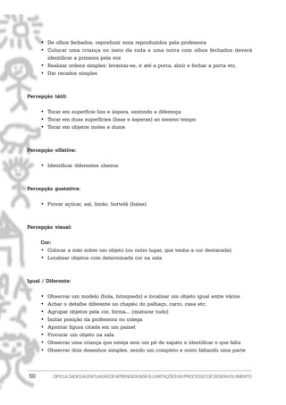 50 DIFICULDADESACENTUADASDEAPRENDIZAGEMOULIMITAÇÕESNOPROCESSODEDESENVOLVIMENTO
• De olhos fechados, reproduzir sons reproduzidos pela professora
• Colocar uma criança no meio da roda e uma outra com olhos fechados deverá
identificar a primeira pela voz
• Realizar ordens simples: levantar-se, ir até a porta, abrir e fechar a porta etc.
• Dar recados simples
Percepção tátil:
• Tocar em superfície lisa e áspera, sentindo a diferença
• Tocar em duas superfícies (lisas e ásperas) ao mesmo tempo
• Tocar em objetos moles e duros
Percepção olfativa:
• Identificar diferentes cheiros
Percepção gustativa:
• Provar açúcar, sal, limão, hortelã (balas)
Percepção visual:
Cor:
• Colocar a mão sobre um objeto (ou outro lugar, que tenha a cor destacada)
• Localizar objetos com determinada cor na sala
Igual / Diferente:
• Observar um modelo (bola, brinquedo) e localizar um objeto igual entre vários
• Achar o detalhe diferente no chapéu do palhaço, carro, casa etc.
• Agrupar objetos pela cor, forma... (misturar tudo)
• Imitar posição da professora ou colega
• Apontar figura citada em um painel
• Procurar um objeto na sala
• Observar uma criança que esteja sem um pé de sapato e identificar o que falta
• Observar dois desenhos simples, sendo um completo e outro faltando uma parte
 