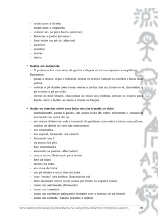 DIFICULDADESACENTUADASDEAPRENDIZAGEMOULIMITAÇÕESNOPROCESSODEDESENVOLVIMENTO 59
- andar para a direita
- andar para a esquerda
- colocar um pé para frente (alternar)
- flexionar o joelho (alternar)
- ficar sobre um pé só (alternar)
- agachar
- ajoelhar
- sentar
- deitar
• Gestos em seqüência:
- O professor faz uma série de gestos e depois os alunos repetem a seqüência.
Exemplos:
- puxar a orelha, coçar o cotovelo, cruzar os braços, tampar os ouvidos e bater uma
palma
- colocar o pé direito para frente, elevar o joelho, dar um chute no ar, chacoalhar o
pé e bater o pé no chão
- elevar os dois braços, chacoalhar as mãos nos ombros, esticar os braços para
frente, abrir e fechar as mãos e cruzar os braços
• Andar ou marchar sobre uma linha circular traçada no chão:
- normalmente, passo a passo, um aluno atrás do outro, colocando o calcanhar
encostado na ponta do pé
- em ritmos diferentes: sob o comando do professor que criará o ritmo com palmas,
estalar de dedos ou com um instrumento
- em serpentina
- em espiral, formando um caracol
- formando um 8
- na ponta dos pés
- nos calcanhares
- elevando os joelhos (alternados)
- com o tronco flexionado para frente
- fora da linha
- dentro da linha
- em cima da linha
- um pé dentro e outro fora da linha
- com “molas” nos joelhos (flexionando-os)
- bem abaixado (como quem passa por baixo de alguma coisa)
- como um astronauta (flutuando)
- como um trenzinho
- como um cavalinho galopando (sempre com o mesmo pé na frente)
- como um elefante (passos grandes e lentos)
 