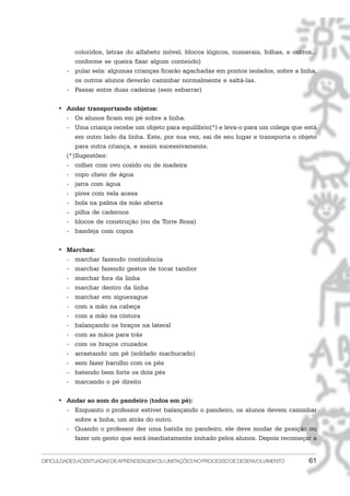 DIFICULDADESACENTUADASDEAPRENDIZAGEMOULIMITAÇÕESNOPROCESSODEDESENVOLVIMENTO 61
coloridos, letras do alfabeto móvel, blocos lógicos, numerais, folhas, e outros...
conforme se queira fixar algum conteúdo)
- pular sela: algumas crianças ficarão agachadas em pontos isolados, sobre a linha,
os outros alunos deverão caminhar normalmente e saltá-las.
- Passar entre duas cadeiras (sem esbarrar)
• Andar transportando objetos:
- Os alunos ficam em pé sobre a linha.
- Uma criança recebe um objeto para equilíbrio(*) e leva-o para um colega que está
em outro lado da linha. Este, por sua vez, sai de seu lugar e transporta o objeto
para outra criança, e assim sucessivamente.
(*)Sugestões:
- colher com ovo cozido ou de madeira
- copo cheio de água
- jarra com água
- pires com vela acesa
- bola na palma da mão aberta
- pilha de cadernos
- blocos de construção (ou da Torre Rosa)
- bandeja com copos
• Marchas:
- marchar fazendo continência
- marchar fazendo gestos de tocar tambor
- marchar fora da linha
- marchar dentro da linha
- marchar em ziguezague
- com a mão na cabeça
- com a mão na cintura
- balançando os braços na lateral
- com as mãos para trás
- com os braços cruzados
- arrastando um pé (soldado machucado)
- sem fazer barulho com os pés
- batendo bem forte os dois pés
- marcando o pé direito
• Andar ao som do pandeiro (todos em pé):
- Enquanto o professor estiver balançando o pandeiro, os alunos devem caminhar
sobre a linha, um atrás do outro.
- Quando o professor der uma batida no pandeiro, ele deve mudar de posição ou
fazer um gesto que será imediatamente imitado pelos alunos. Depois recomeçar a
 