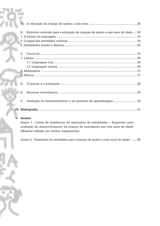 A. A educação da criança de quatro a seis anos..............................................................29
B. Estrutura curricular para a educação de crianças de quatro a seis anos de idade .....30
1. A função da linguagem .......................................................................................................33
2. O papel das atividades criativas ........................................................................................34
3. Habilidades sociais e afetivas.............................................................................................35
C. Currículo ............................................................................................................................35
1. Leitura ...................................................................................................................................36
1.1 Linguagem oral ..........................................................................................................36
1.2 Linguagem escrita .....................................................................................................36
2. Matemática ...........................................................................................................................37
3. Música ...................................................................................................................................37
D. O brincar e o brinquedo ..................................................................................................38
E. Recursos tecnológicos .....................................................................................................39
F. Avaliação do desenvolvimento e do processo de aprendizagem ..............................39
IV. Bibliografia...............................................................................................................................41
V. Anexos
Anexo 1 - Listas de seqüências de aquisições de habilidades − Sugestões para
avaliação do desenvolvimento da criança do nascimento aos três anos de idade
(Material editado em volume suplementar)
Anexo 2 - Sugestões de atividades para crianças de quatro a seis anos de idade ........45
 
