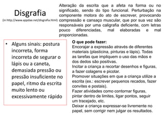 Disgrafia
(in http://www.appdae.net/disgrafia.html)
• Alguns sinais: postura
incorreta, forma
incorreta de segurar o
lápis ou a caneta,
demasiada pressão ou
pressão insuficiente no
papel, ritmo da escrita
muito lento ou
excessivamente rápido
Alteração da escrita que a afeta na forma ou no
significado, sendo do tipo funcional. Perturbação na
componente motora do ato de escrever, provocando
compressão e cansaço muscular, que por sua vez são
responsáveis por uma caligrafia deficiente, com letras
pouco diferenciadas, mal elaboradas e mal
proporcionadas.
O que pode fazer:
Encorajar a expressão através de diferentes
materiais (plasticina, pinturas e lápis). Todas
as tarefas que impliquem o uso das mãos e
dos dedos são positivas.
Incitar a criança a recortar desenhos e figuras,
a fazer colagens e picotar.
Promover situações em que a criança utilize a
escrita (ex.: escrever pequenos recados, fazer
convites e postais).
Fazer atividades como contornar figuras,
pintar dentro de limites, ligar pontos, seguir
um tracejado, etc.
Deixar a criança expressar-se livremente no
papel, sem corrigir nem julgar os resultados.
 