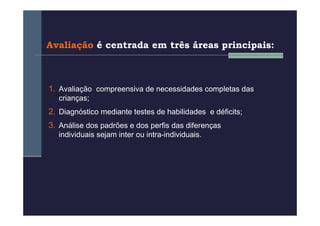 Avaliação é centrada em três áreas principais:



1. Avaliação compreensiva de necessidades completas das
   crianças;
2. Diagnóstico mediante testes de habilidades e déficits;
3. Análise dos padrões e dos perfis das diferenças
   individuais sejam inter ou intra-individuais.
 
