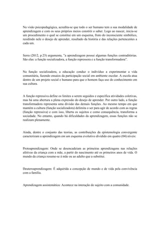 Na visão psicopedagógica, acredita-se que todo o ser humano tem a sua modalidade de
aprendizagem e com os seus próprios meios constrói o saber. Logo ao nascer, inicia-se
um procedimento o qual se constitui em um esquema, fruto do inconsciente simbólico,
residindo nele o desejo de aprender, resultado da história e das relações pertencentes a
cada um.
Serra (2012, p.23) argumenta, ”a aprendizagem possui algumas funções contraditórias.
São elas: a função socializadora, a função repressora e a função transformadora”.
Na função socializadora, a educação conduz o indivíduo a experimentar a vida
comunitária, fazendo ensaios da participação social em ambiente escolar. A escola atua
dentro de um projeto social e humano para que o homem faça uso do conhecimento em
sua cultura.
A função repressiva define os limites a serem seguidos e especifica atividades coletivas,
mas há uma abertura a plena expressão do desejo de aprender. Por outro lado, a função
transformadora representa uma divisão das demais funções. Ao mesmo tempo em que
mantém a cultura (função socializadora) delimita o ser para agir de acordo com as regras
(função repressiva) e com isso, liberta os sujeitos e como consequência, transforma a
sociedade. No entanto, quando há dificuldades da aprendizagem, essas funções não se
realizam plenamente.
Ainda, dentre o conjunto das teorias, as contribuições da epistemologia convergente
caracterizam a aprendizagem em um esquema evolutivo dividido em quatro (04) níveis:
Protoaprendizagem: Onde se desencadeiam as primeiras aprendizagens nas relações
afetivas da criança com a mãe, a partir do nascimento até os primeiros anos de vida. O
mundo da criança resume-se á mãe ou ao adulto que a substitui.
Deuteroaprendizagem: É adquirida a concepção de mundo e de vida pela convivência
com a família.
Aprendizagem assistemática: Acontece na interação do sujeito com a comunidade.
 