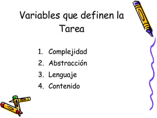 Variables que definen la Tarea Complejidad Abstracción Lenguaje  Contenido 