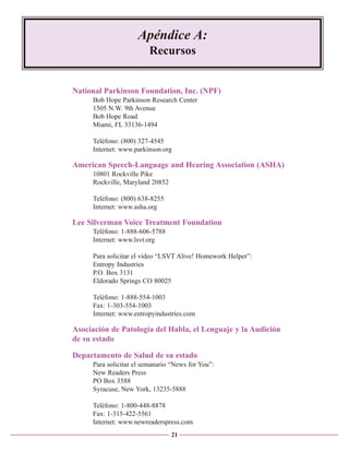 Apéndice A:
Recursos

National Parkinson Foundation, Inc. (NPF)
Bob Hope Parkinson Research Center
1505 N.W. 9th Avenue
Bob Hope Road
Miami, FL 33136-1494
Teléfono: (800) 327-4545
Internet: www.parkinson.org

American Speech-Language and Hearing Association (ASHA)
10801 Rockville Pike
Rockville, Maryland 20852
Teléfono: (800) 638-8255
Internet: www.asha.org

Lee Silverman Voice Treatment Foundation
Teléfono: 1-888-606-5788
Internet: www.lsvt.org
Para solicitar el vídeo “LSVT Alive! Homework Helper”:
Entropy Industries
P.O. Box 3131
Eldorado Springs CO 80025
Teléfono: 1-888-554-1003
Fax: 1-303-554-1003
Internet: www.entropyindustries.com

Asociación de Patología del Habla, el Lenguaje y la Audición
de su estado
Departamento de Salud de su estado
Para solicitar el semanario “News for You”:
New Readers Press
PO Box 3588
Syracuse, New York, 13235-5888
Teléfono: 1-800-448-8878
Fax: 1-315-422-5561
Internet: www.newreaderspress.com
21

 