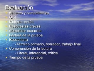 EvaluaciónEvaluación
• Saberes y competenciasSaberes y competencias
• OralOral
• Múltiple opciónMúltiple opción
• Respuestas brevesRespuestas breves
• Completar espaciosCompletar espacios
• Lectura de la pruebaLectura de la prueba
• ReescrituraReescritura
-Término primario, borrador, trabajo final.-Término primario, borrador, trabajo final.
• Comprensión de la lecturaComprensión de la lectura
- Literal, inferencial, crítica- Literal, inferencial, crítica
• Tiempo de la pruebaTiempo de la prueba
 