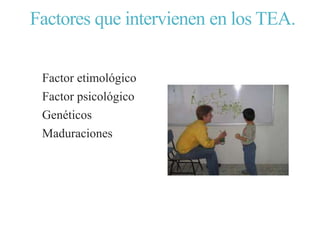 Factores que intervienen en los TEA.
Factor etimológico
Factor psicológico
Genéticos
Maduraciones
 