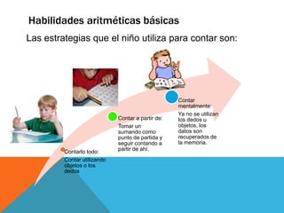 Habilidades aritméticas básicas
Las estrategias que el niño utiliza para contar son:




                                                   Contar
                                                   mentalmente:
                                                   Ya no se utilizan
                             Contar a partir de:   los dedos u
                             Tomar un              objetos, los
                             sumando como          datos son
                             punto de partida y    recuperados de
                             seguir contando a     la memoria.
         Contarlo todo:      partir de ahí.
         Contar utilizando
         objetos o los
         dedos
 