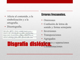 Disgrafía disléxica.
• Afecta al contenido, a la
simbolización y a la
ortografía.
• Disortografía.
Errores frecuentes.
• Omisiones
• Confusión de letras de
sonido y forma semejante
• Inversiones
• Transposiciones
• Agregados
• Uniones y separaciones
• Contaminaciones
 
