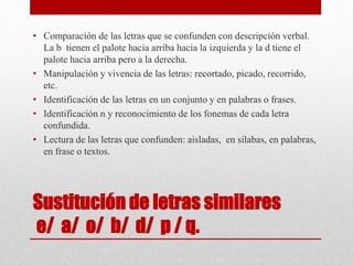 Sustitución de letras similares
e/ a/ o/ b/ d/ p / q.
• Comparación de las letras que se confunden con descripción verbal.
La b tienen el palote hacia arriba hacia la izquierda y la d tiene el
palote hacia arriba pero a la derecha.
• Manipulación y vivencia de las letras: recortado, picado, recorrido,
etc.
• Identificación de las letras en un conjunto y en palabras o frases.
• Identificación n y reconocimiento de los fonemas de cada letra
confundida.
• Lectura de las letras que confunden: aisladas, en silabas, en palabras,
en frase o textos.
 