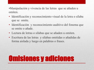 Omisiones y adiciones
•Manipulación y vivencia de las letras que se añaden u
omiten.
• Identificación y reconocimiento visual de la letra o sílaba
que se omite.
• Identificación y reconocimiento auditivo del fonema que
se omite o añade.
• Lectura de letras o sílabas que se añaden u omiten.
• Escritura de las letras y sílabas omitidas o añadidas de
forma aislada y luego en palabras o frases.
 
