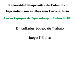 Universidad Cooperativa de Colombia
Especialización en Docencia Universitaria

Curso Equipos de Aprendizaje – Cohorte 48


       Dificultades Equipo de Trabajo

               Juego Triádico
 